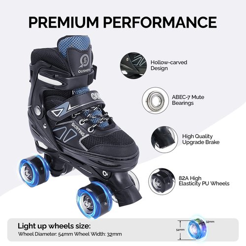 Boys' Double-Row Roller Skates with Protective Gear - One-Click 4-Size Adjustable, Safety Brake System with Latch & Light-Up Wheels, Indoor/Outdoor Youth Skates for Kids Ages 3-12