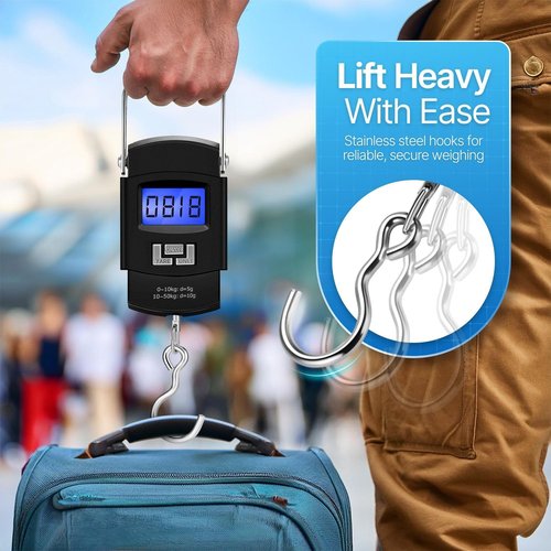 Flexzion Digital Hanging Scale - 110lb/50kg Portable Luggage & Fish Scale with LCD Display, Stainless Steel Hook