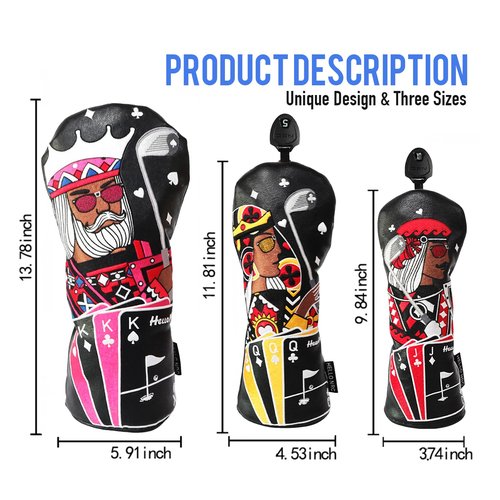 Golf Club Covers – Funny Poker Leather Driver Headcover, Fairway Wood & Hybrid, Cool Embroidered Golf Headcovers, (Black)