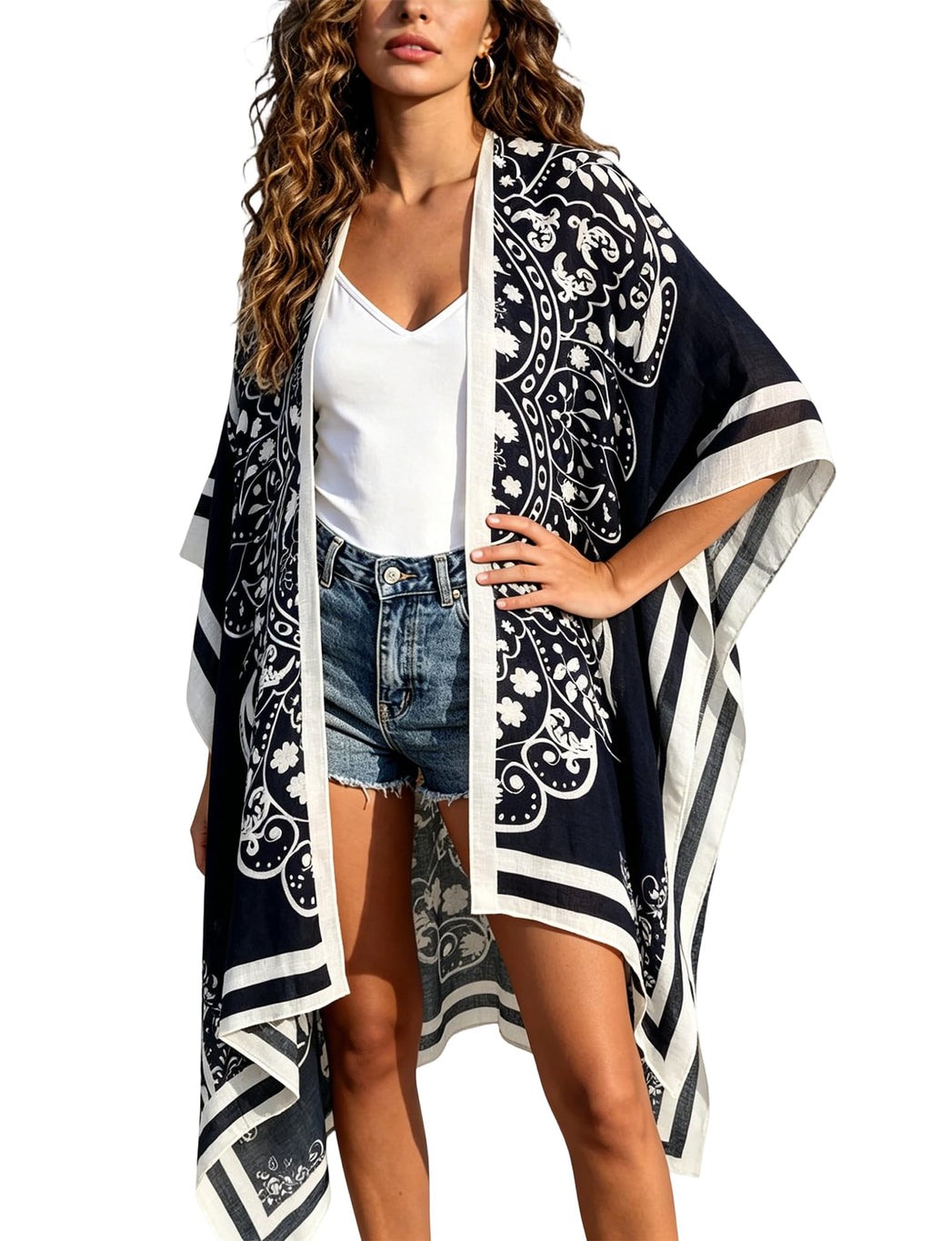Breezy Lane Kimonos for Women Beach Coverup Bathing Suit Cover Ups for Swimsuit Boho Kimono Cardigans with Black Print
