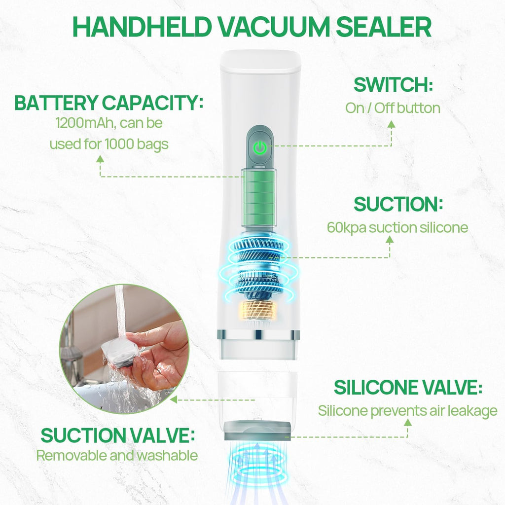 Skiennix Vacuum Sealer - Compact Handheld Food Preservation Machine | Portable with 30 Reusable Bags