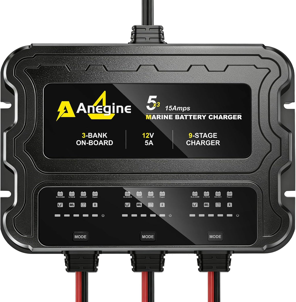 3 Bank Marine Battery Charger - 12V (5A/Bank) Waterproof LCD Onboard Charger with Overcharge Protection & Temperature Compensation for Lead-Acid, AGM, EFB, LiFePO4, Lithium | Ideal for Boat, Car, RV