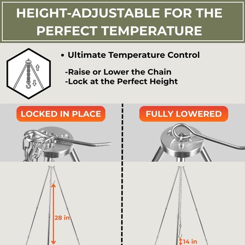 Tactiko Survival 33" Camping Tripod for Cooking - Stainless Steel Folding Stand, Adjustable Chain – Compact, Lightweight Outdoor Gear for Hanging Kettles, Pots & Percolators