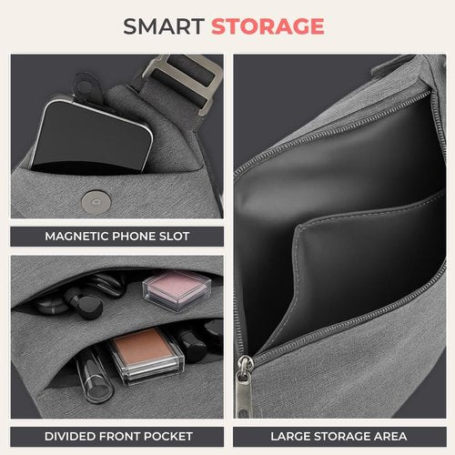 FlyHugz Anti-Theft Crossbody Sling Bag - Gray Canvas, Water-Resistant, Multi-Pocket Design for Travel