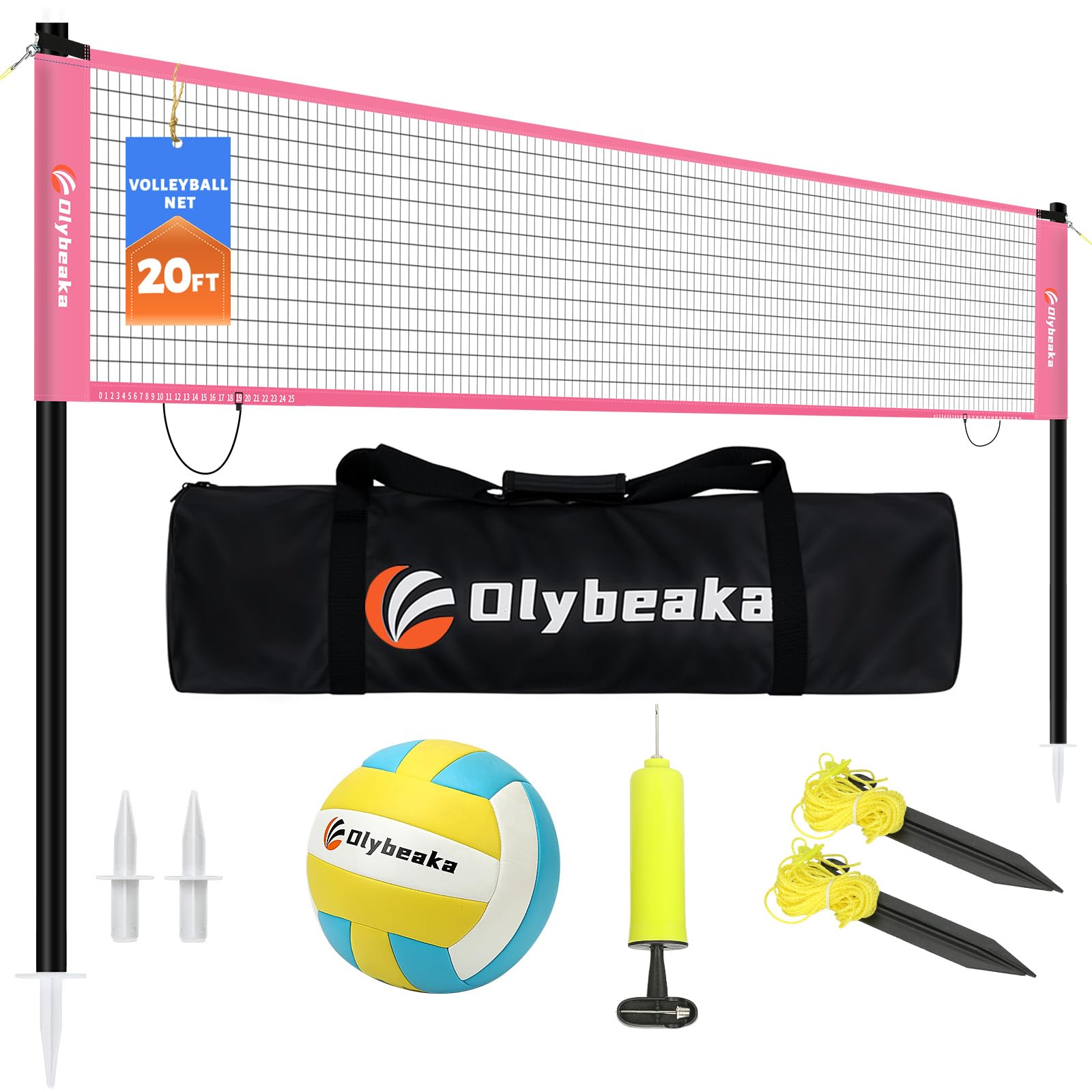 20FT Outdoor Volleyball Net Set System for Backyard Beach with Anti-Sagging Net, Iron Adjustable Height Poles, Soft PU Volleyball and Pump, Carry Bag - Instant Set Up & Durable (Pink)