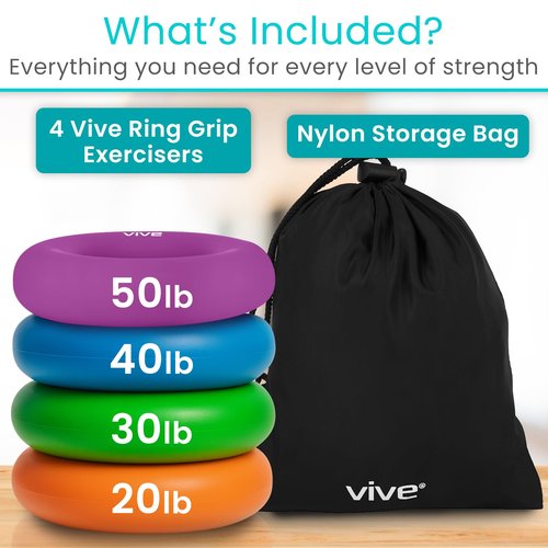 Vive Hand Strengthener Grip Ring (4 Pack) - Forearm Ring Hand Exercisers - Silicone Squeezer Gripper for Muscle Strengthening Training Tool - Arthritis Finger Physical Therapy PT Kit Trainer