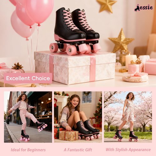 Jessie Women Roller Skates with Light Up Wheels Stylish Black Quad Skating Ideal for Men, Adult, Youth and Beginners Outdoor(Flash Wheel, 37-23.5cm/9.25in)