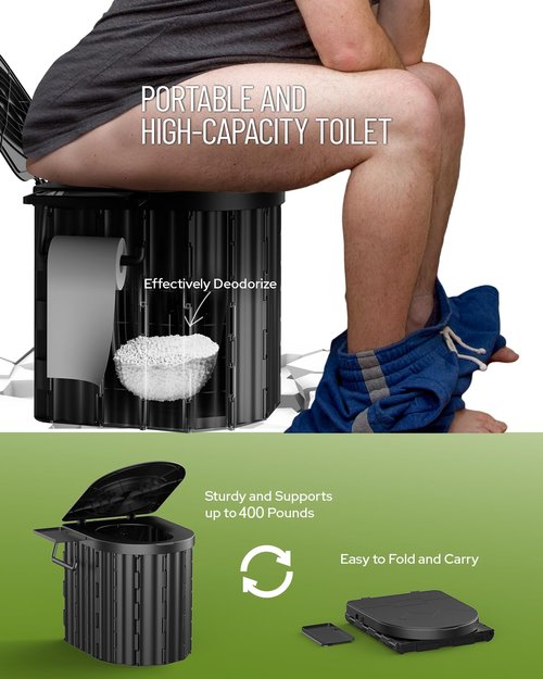 Camping Toilet with Pop-Up Privacy Tent and Liquid Waste Gel, Portable Toilet with Large Tent and Camping Lantern, Ergonomic Potty Provides Enhanced Comfort, Suitable for All Ages