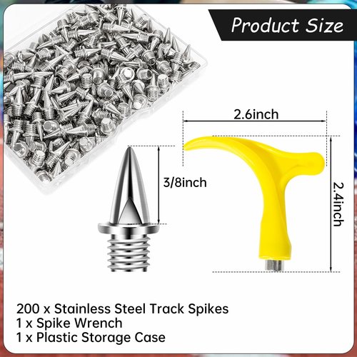 3/8 Inch Track Spikes,200 Pcs Stainless Steel Pyramid Shoe Spikes with Spike Wrench for Track and Cross Country,Replacement Spike for Sprint Sports Short Running Shoes