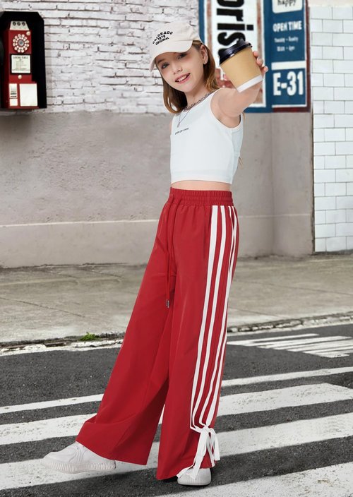 Kid Girls Side Striped Bowknot Fashion Baggy Cargo Sweatpants Y2K Hip Hop Dance Streetwear Cute Wide Leg Joggers Track Pants Red 7-8Y