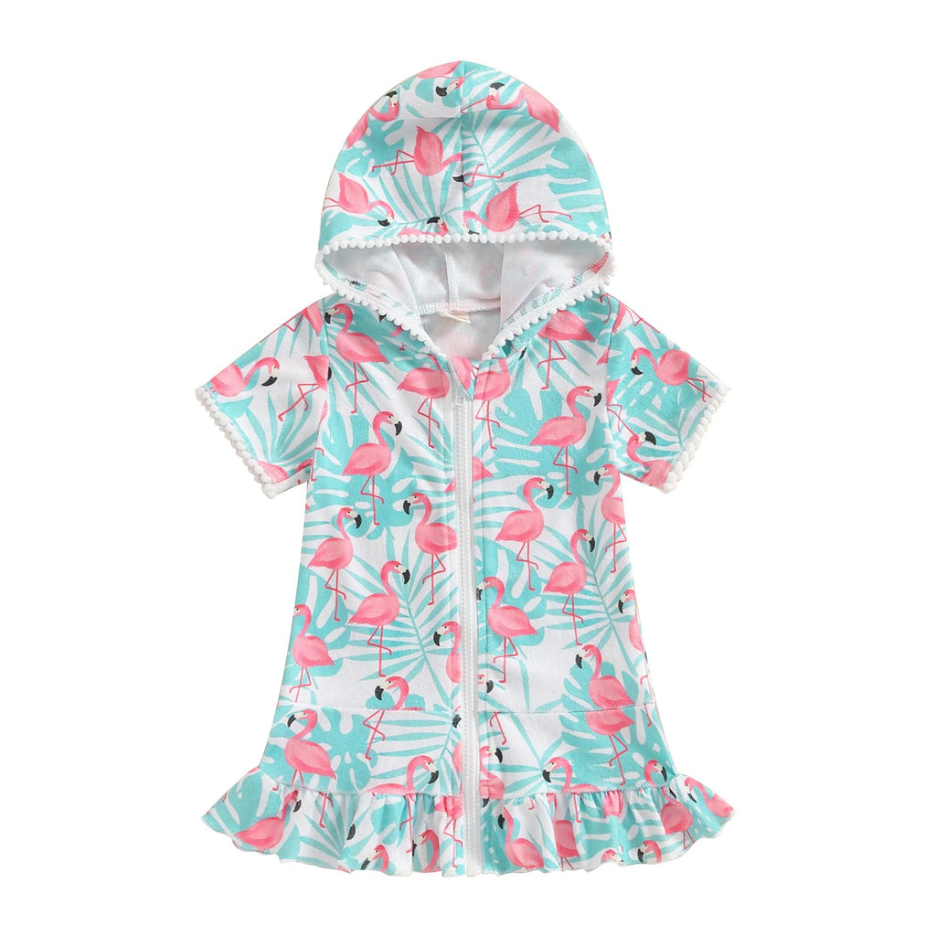 Licupiee Girls Hooded Zip Terry Coverups Swimsuit Kids Baby Girl Floral Print Short Sleeve Swim Cover-Up Swimwear (US, Age, 5 Years, 6 Years, Green Flamingo)