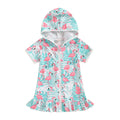 Licupiee Girls Hooded Zip Terry Coverups Swimsuit Kids Baby Girl Floral Print Short Sleeve Swim Cover-Up Swimwear (US, Age, 5 Years, 6 Years, Green Flamingo)