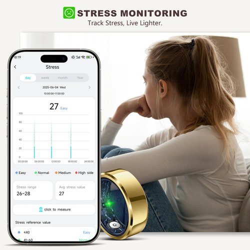 RIFESI Smart Ring for Women Men, Fashion Minimalist Fitness Ring & Sleep Tracker Ring with Heart Rate, SPO₂,Blood Pressure,5ATM Waterproof Health Ring, No Subscription,Women Couple Gift (Gold,12)