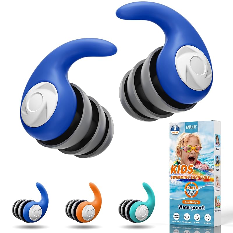 Waterproof Ear Plugs for Adults & Kids, 3 Pairs—Soft Silicone, Blue/Orange/Sky Blue (Variation: Blue, Orange, Sky Blue-Kids)