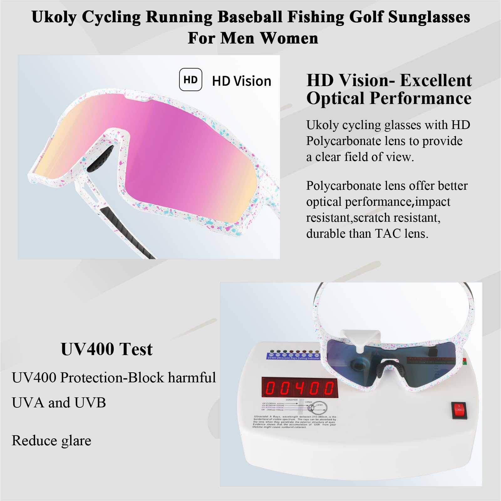 Ukoly Cycling Glasses Running Baseball Fishing Golf Sunglasses For Men Women,Sports Sunglasses HD Lens UV400coating 620 Pink