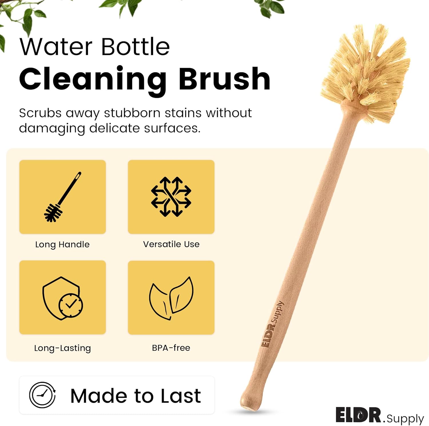 Skiennix Bottle Brush - 14-Inch Extra Long Beechwood Handle with Strong Hemp Bristles | Eco-Friendly Cleaning Tool for Wide Mouth Jars and Tumblers