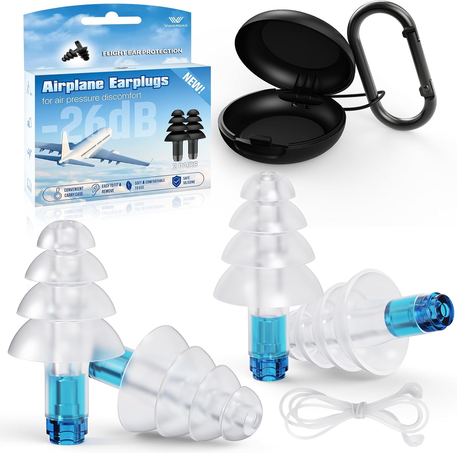 Skiennix Ear Plugs - Soft Silicone Reusable for Airplane Pressure Relief - 2 Pairs with Connector Cord
