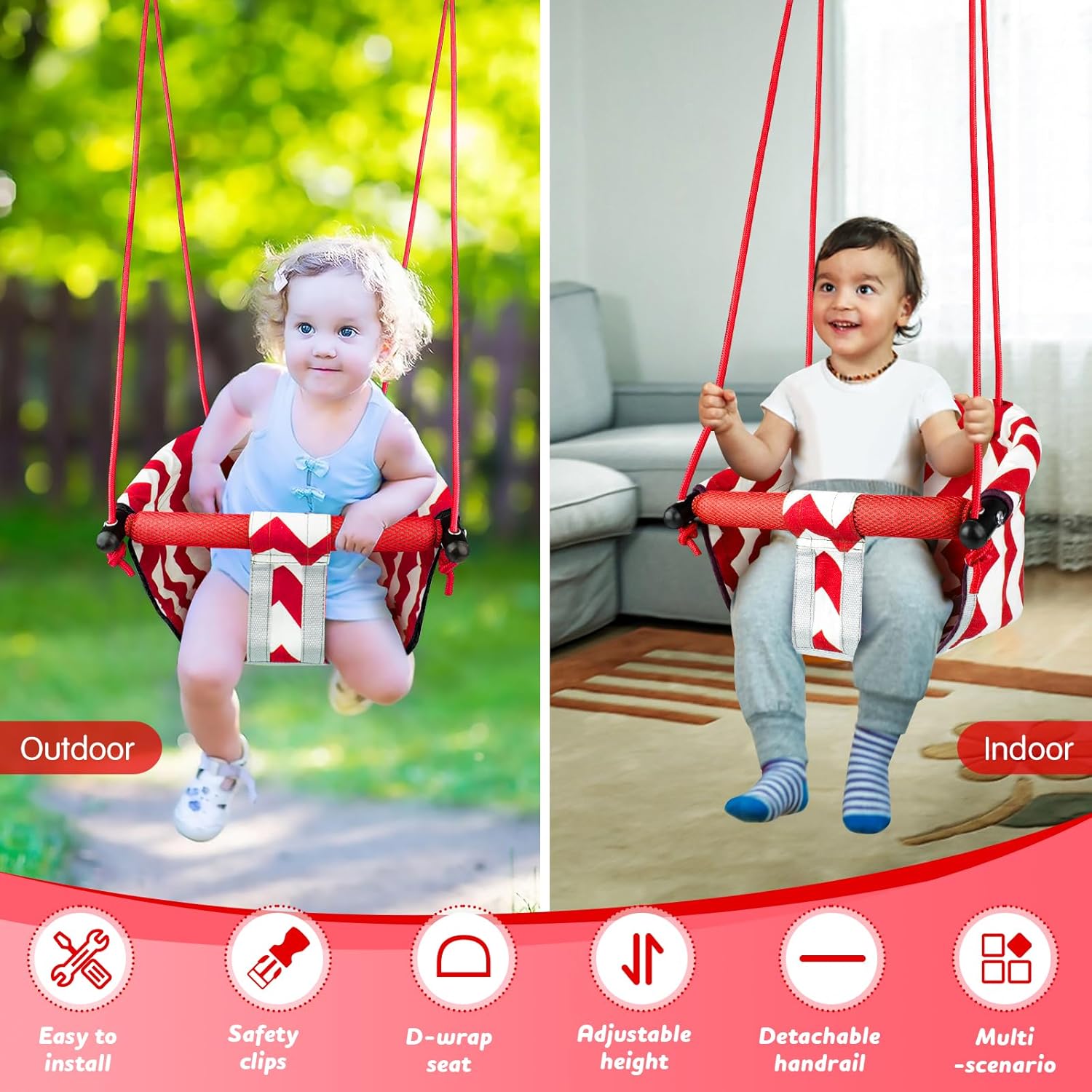 Skiennix Toddler Swing - Comfy Indoor/Outdoor Baby Swing Seat with Safety Harness & Quick Lock System (Red)