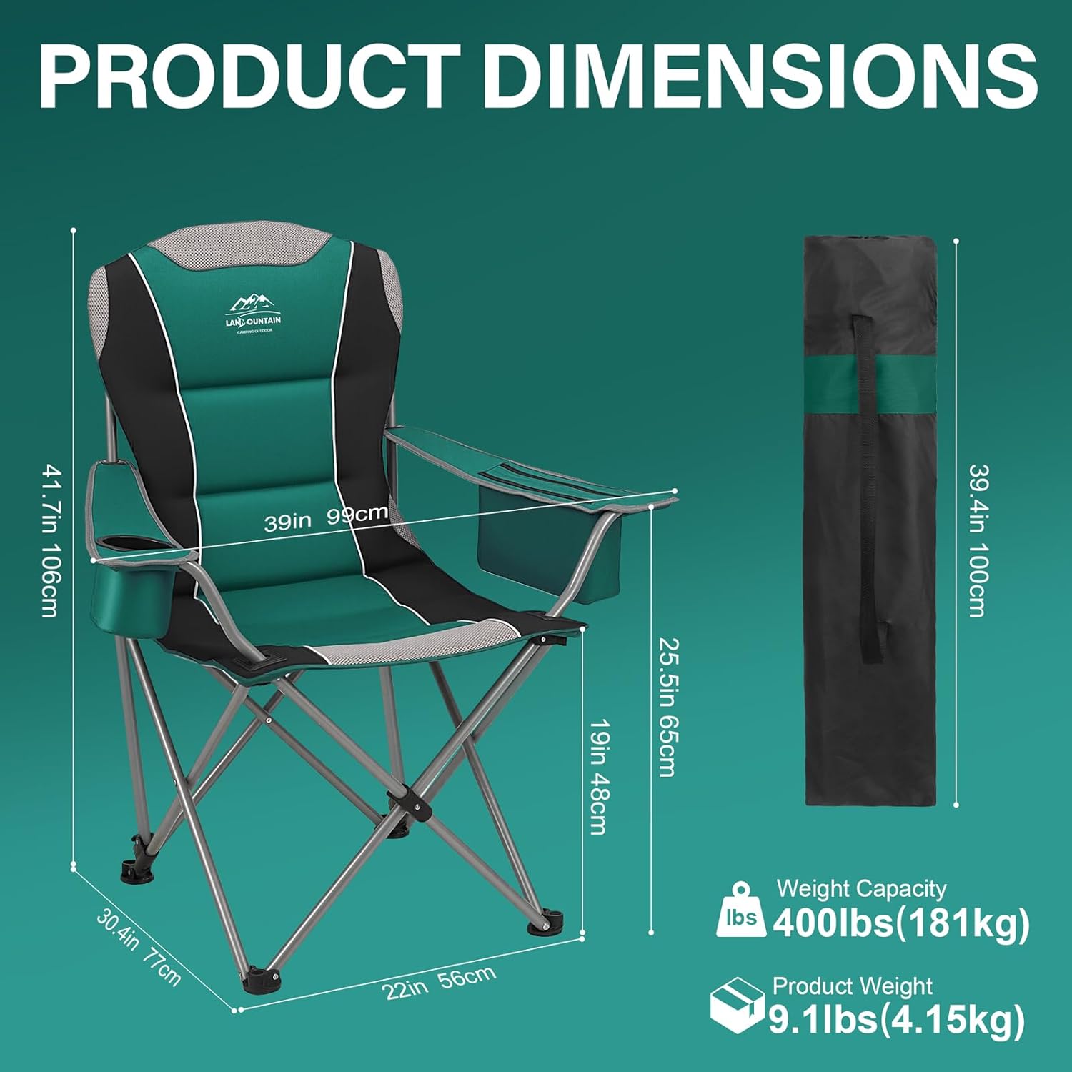 Skiennix Oversized Camping Chairs - Heavy Duty Folding Lawn Chairs with Adjustable Backrest & Cup Holders | Supports 400lbs