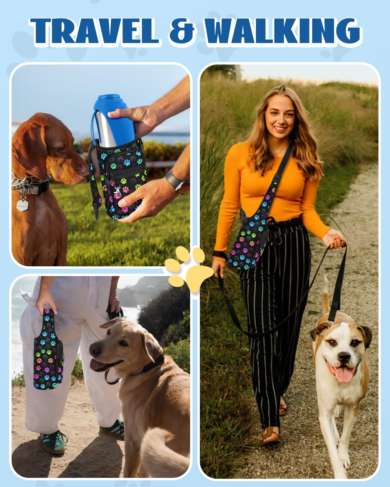Toykee Portable Dog Water Bottle Carrier Bag for PupFlask 27oz - Travel Bottle Purse Sling with Phone Pocket Strap, Cute Colors Paw Black Pet Bottle Holder Cover for Easy Walking Hiking