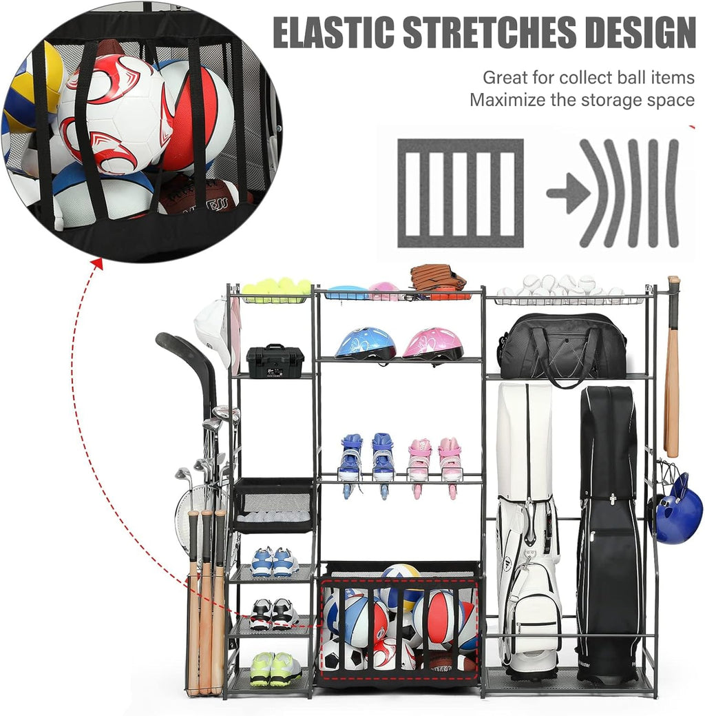 Skiennix Large Garage Sports Equipment Organizer - Upgraded Rack with Holder & Hooks for Balls | Indoor/Outdoor Basketball Storage