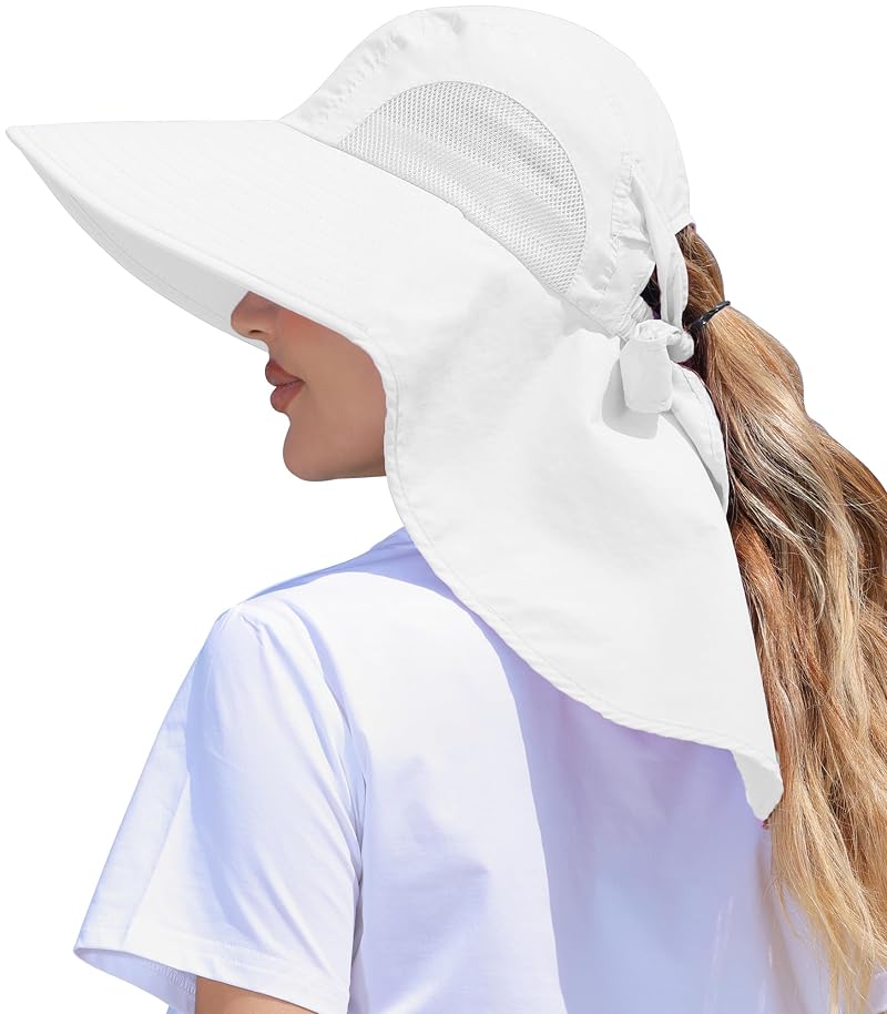White One Size Sun Hat with Ponytail Hole and Neck Flap - UPF50+ Outdoor Fishing & Hiking