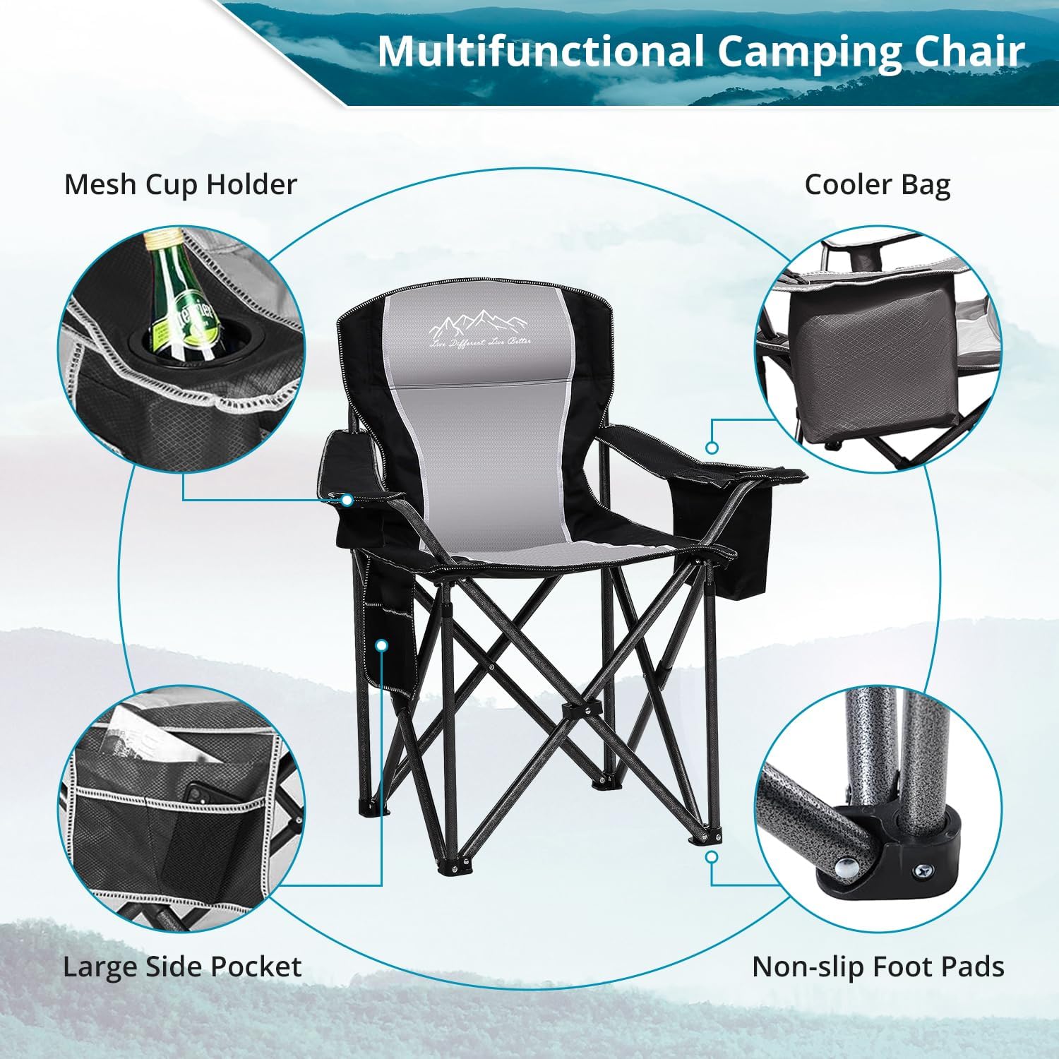 Skiennix Folding Camping Chair - Heavy Duty Portable Lawn Chair with Cooler Bag & Cup Holder | Supports 450lbs, Black