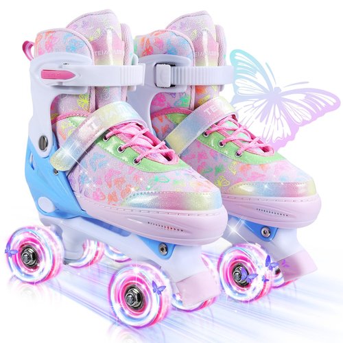 Kids Roller Skates, 4 Size Adjustable Quad Skates with All Light Up Wheels, 10C to 8 Rollerskates for Toddlers, Beginners, Boys, Girls, Outdoor, Indoor, Pink, Medium
