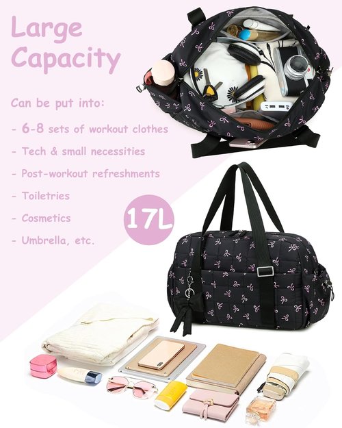 CAMTOP Gym Bag - Lightweight Duffle for Travel | Insulated & Wet Pocket | Medium Black Bow (16")