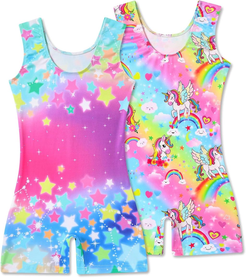 Skiennix Gymnastics Leotards for Girls - Mermaid & Leopard Design | 2-Pack Biketard with Shorts