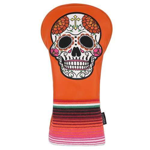 SHABIER Orange Golf Driver Headcover with Orange Flowers Embroidery Sugar Skull Design for Golf Driver Club