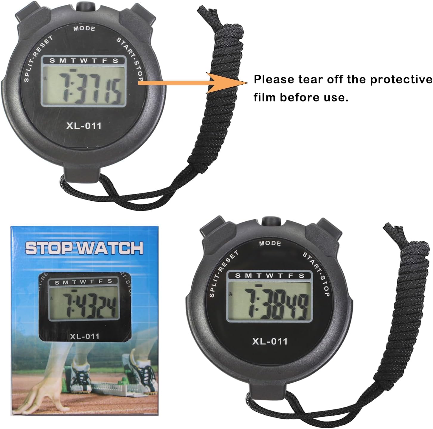 Skiennix Digital Sport Stopwatch Timer - Large Display with Date, Time & Alarm | 6-Pack, Black