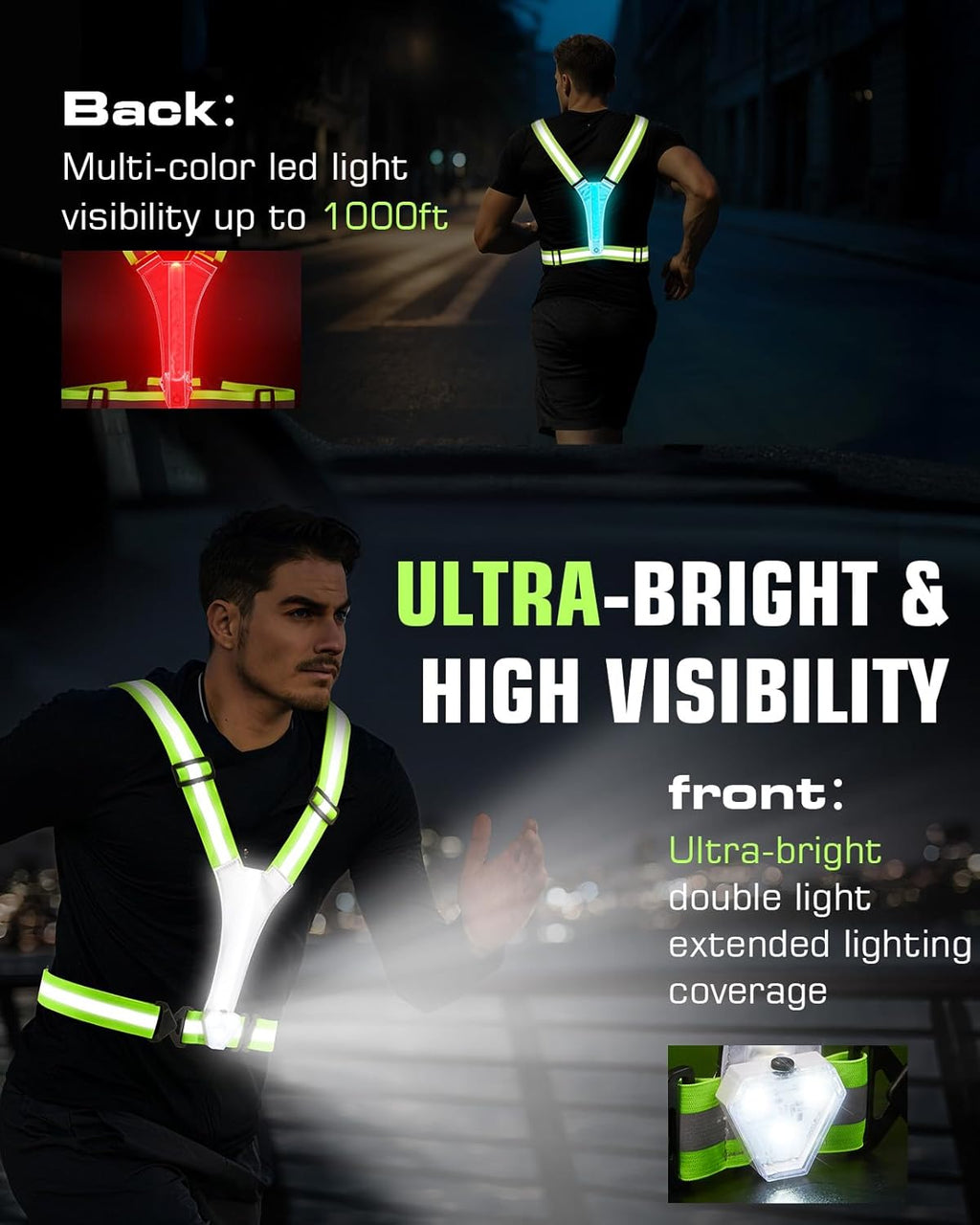 Zacro LED Reflective Vest - 500LM Rechargeable Light Up Running Gear | High Visibility for Night Safety, Adjustable for All Sizes