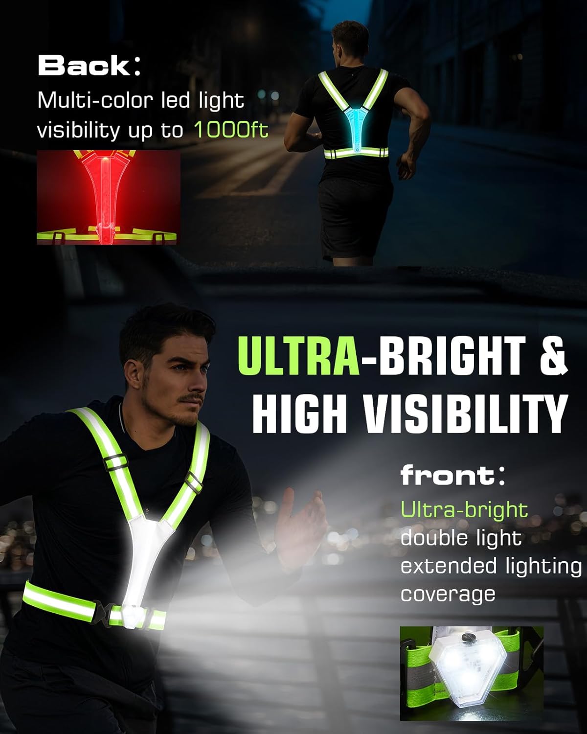 Zacro LED Reflective Vest - 500LM Rechargeable Light Up Running Gear | High Visibility for Night Safety, Adjustable for All Sizes