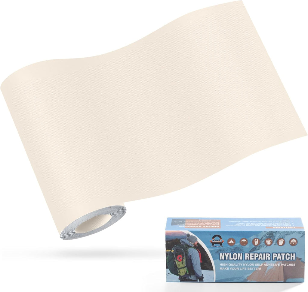 OAZ Nylon Repair Patches - Waterproof Self-Adhesive Fabric Patch Kit for Outdoor Gear | 3.9 x 63 Inch (Beige White)
