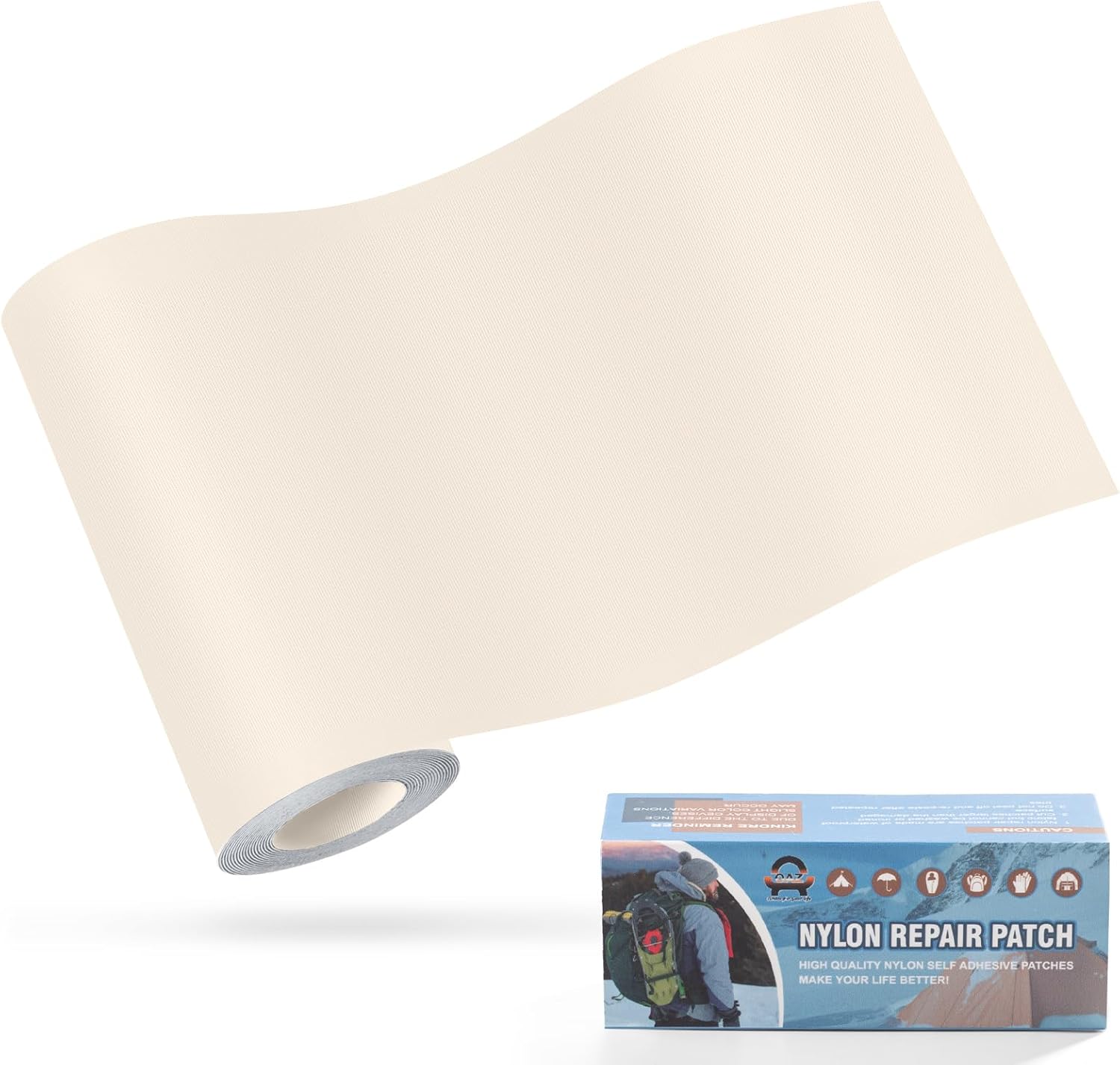 OAZ Nylon Repair Patches - Waterproof Self-Adhesive Fabric Patch Kit for Outdoor Gear | 3.9 x 63 Inch (Beige White)