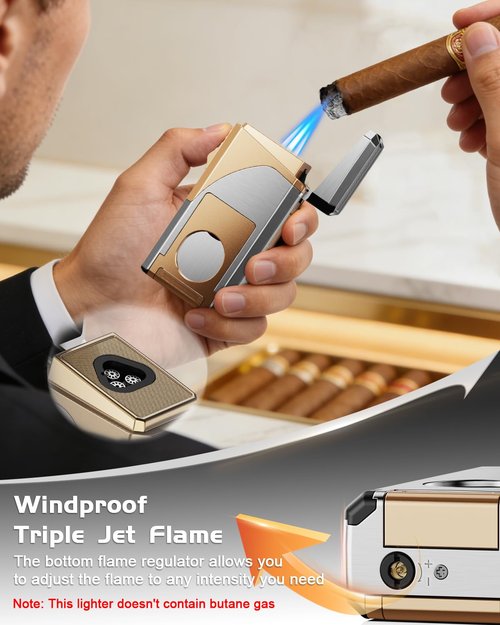 Cigar Lighter, 6-in-1 Cigar Torch Lighter with Cigar Cutter V Cut & Straight Cutter Cigar Punch Cigar Holder Cigar Draw Enhancer, 3 Jet Flame Torch Lighter Refillable Butane Lighter Cigar Gift for men