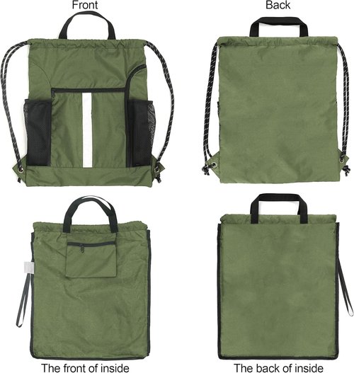 BeeGreen Moss Green Drawstring Bag - Heavy-Duty Cinch Sack with Shoe Compartment & Mesh Pockets