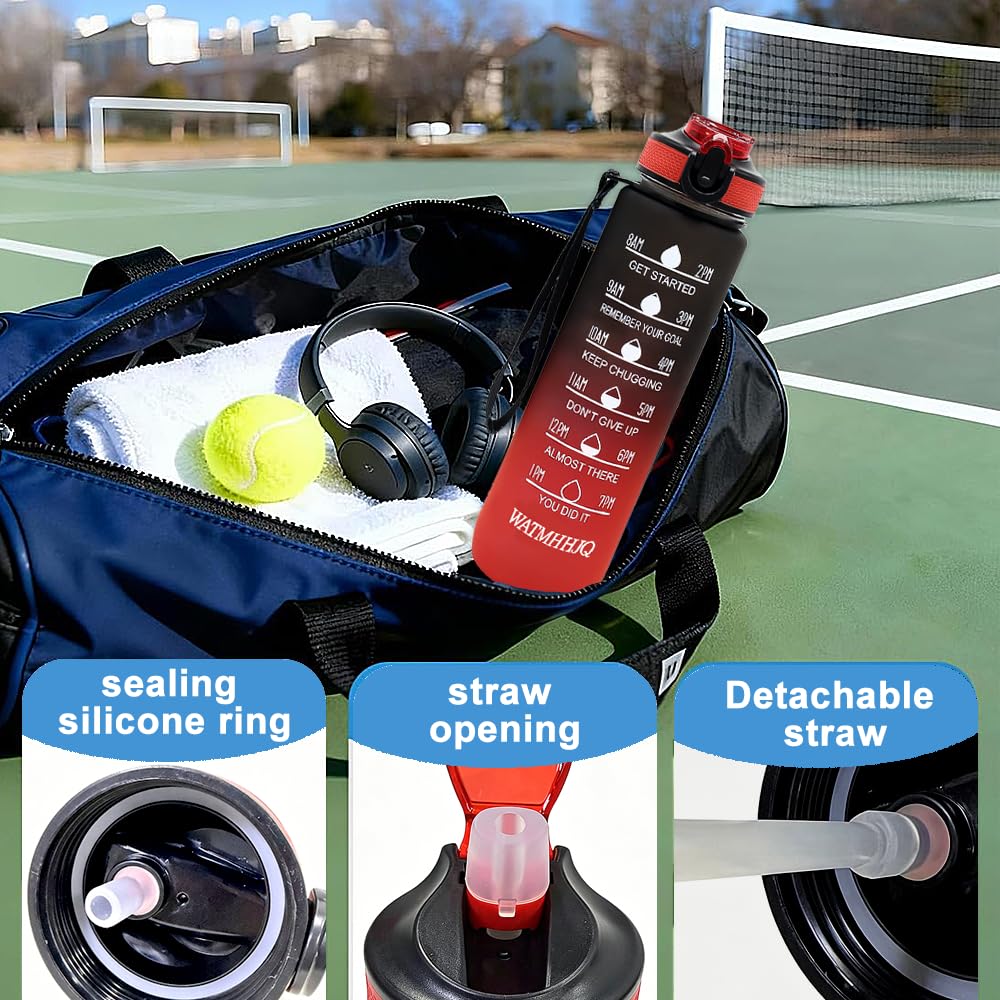 WATMHHJQ 32oz Sports Water Bottle Outdoor, with Drinking Time and Capacity Labels, Sport Water Cups with Straw,BPA Free Leak Proof,for Fitness Gym Running Climbing (Black red)