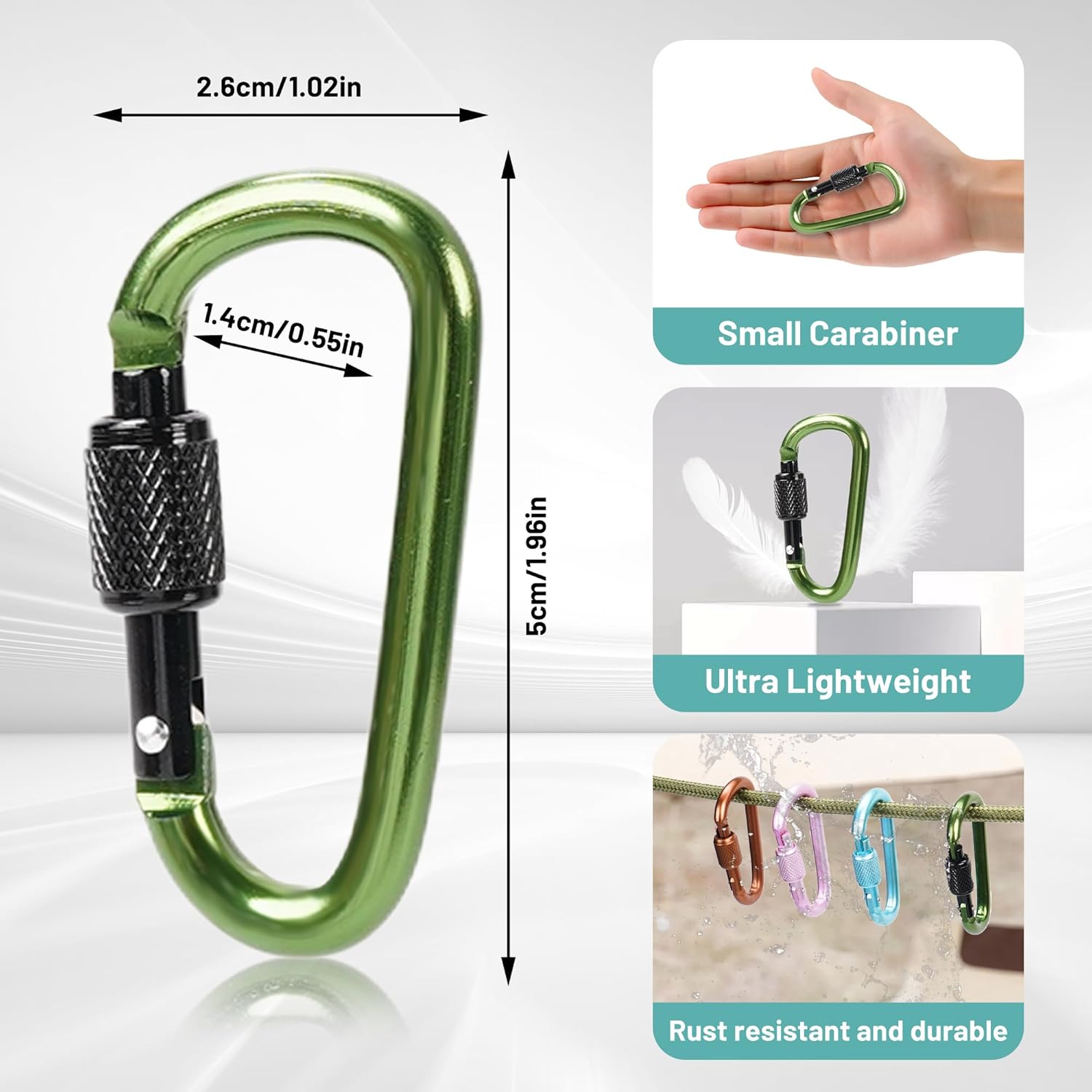 Skiennix Multi-Pack Aluminum Carabiner Clips - Ultra-Light Spring & Locking for Hiking, Outdoor Use