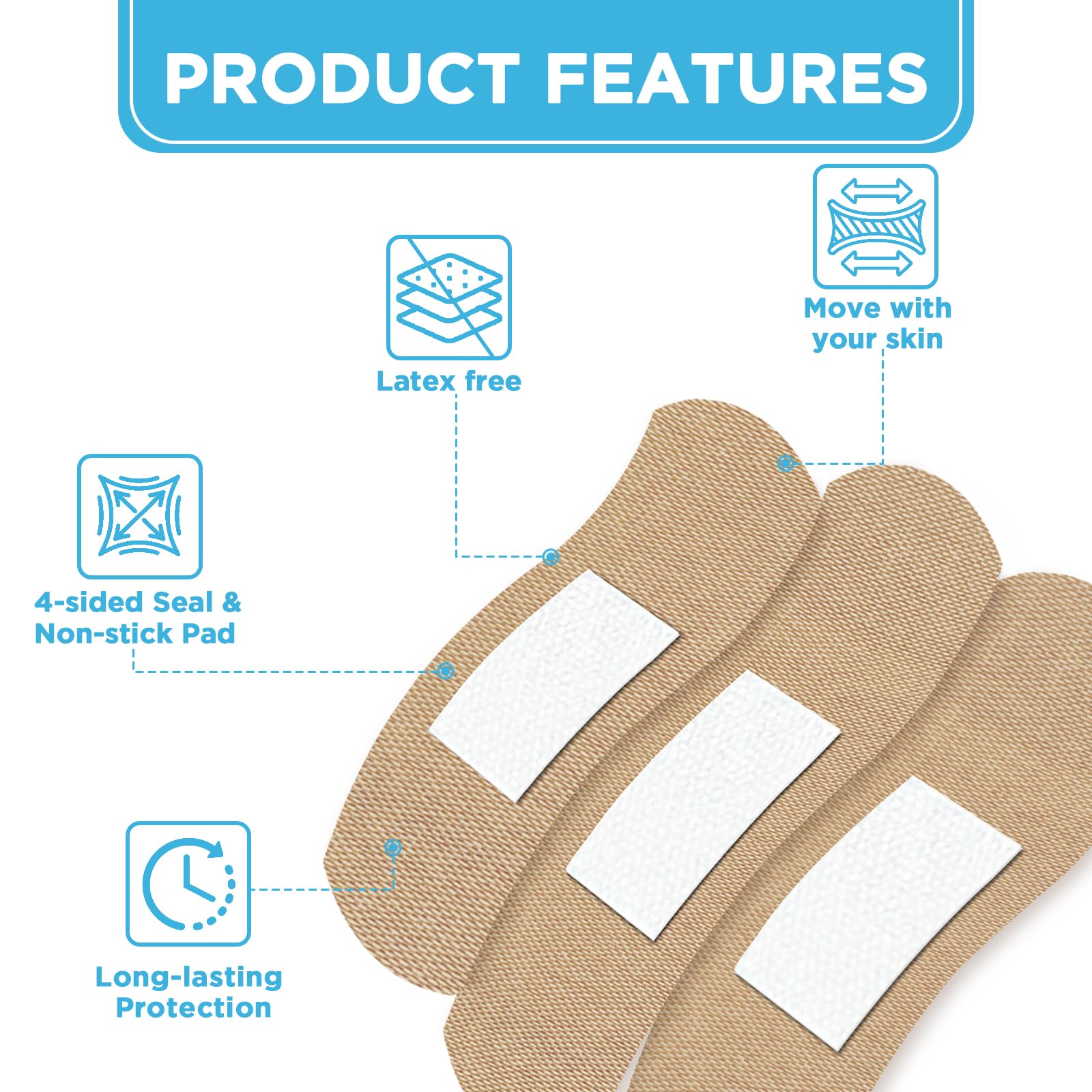OK TAPE Fabric Adhesive Bandages, 200 Ct, Sterile, Flexible Bandages for Wounds, 3 Sizes, Latex Free, Breathable, Protection for First Aid