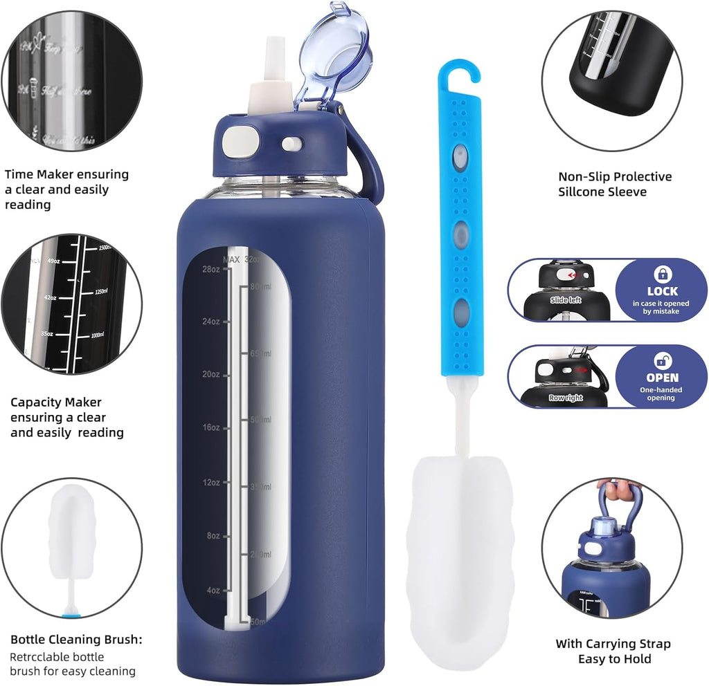 SIEROZUR 32 oz Glass Water Bottle - Durable with Straw, Handle & Silicone Sleeve | Time Marker for Gym & Travel