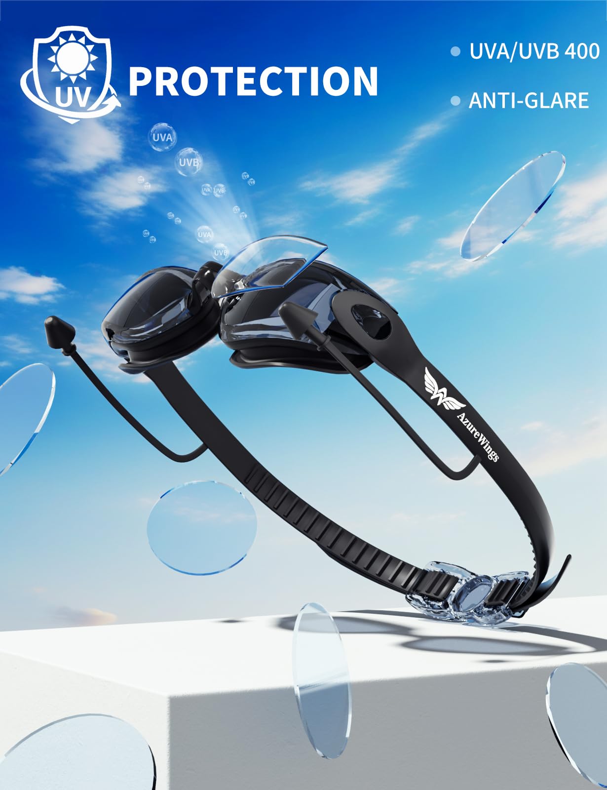 AzureWings 7 in 1 Swim Goggles + Swim Cap for Men Women,No Leak Anti-Fog & UV, Wide Visio HD Mirror PC Lens