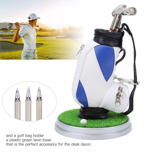 LZKW Desktop Office Golf Pens with Bag, Golf Bag Pen Holder, Souvenir Set for Fathers Fans Men Golfer(Blue and White)