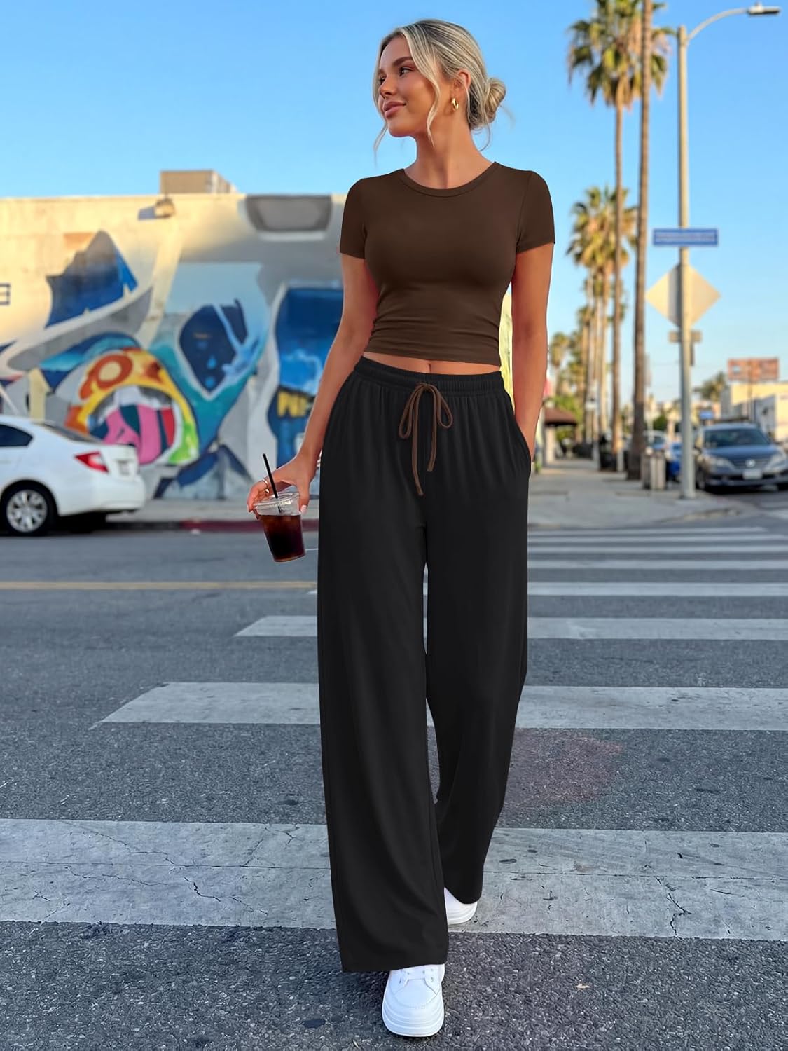 Trendy Queen 2 Piece Summer Lounge Set - Ruching Top & Wide Leg Pants with Pockets