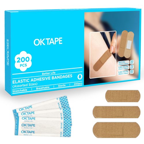 OK TAPE Fabric Adhesive Bandages, 200 Ct, Sterile, Flexible Bandages for Wounds, 3 Sizes, Latex Free, Breathable, Protection for First Aid