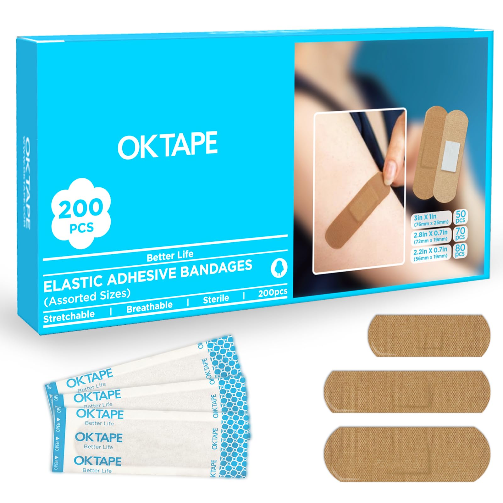 OK TAPE Fabric Adhesive Bandages, 200 Ct, Sterile, Flexible Bandages for Wounds, 3 Sizes, Latex Free, Breathable, Protection for First Aid