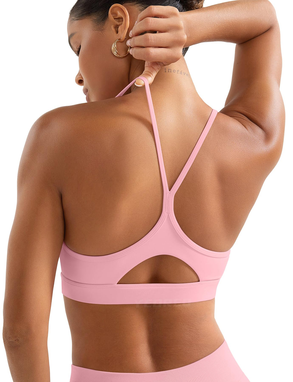 YEOREO Luciny Workout Y Back Sports Bras for Women Spaghetti Straps Racerback Padded V Neck Medium Impact Gym Bra Yoga Top Pink-S