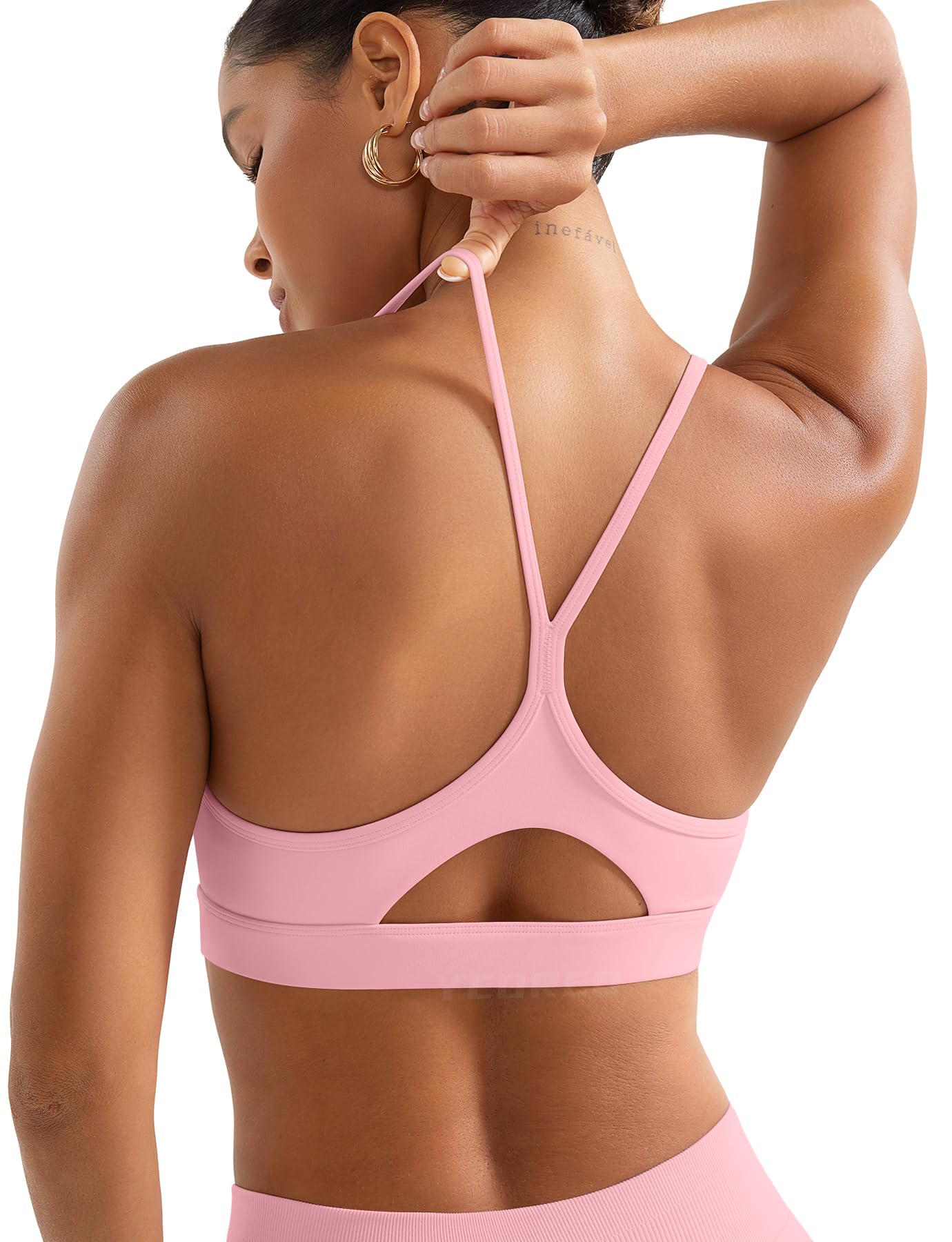 YEOREO Luciny Workout Y Back Sports Bras for Women Spaghetti Straps Racerback Padded V Neck Medium Impact Gym Bra Yoga Top Pink-S