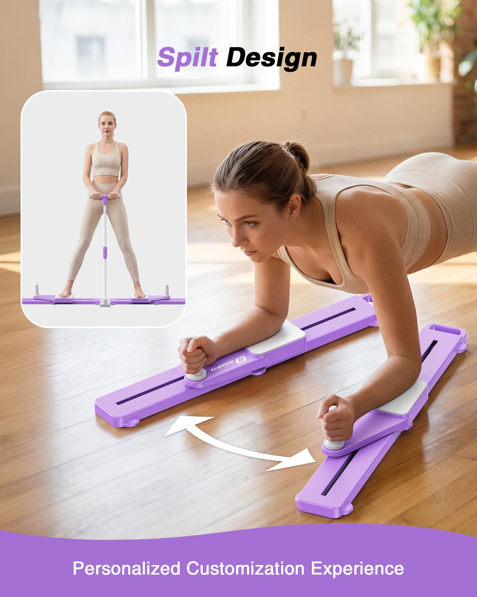 SolidFit 6-in-1 Pliates Board with Handrail & Resistance Bands - 2026 Upgrade Multifunctional Pilates Slider Board Anti-Slip Silent Portable Pilates Reformer for Home Full Body Workout Purple